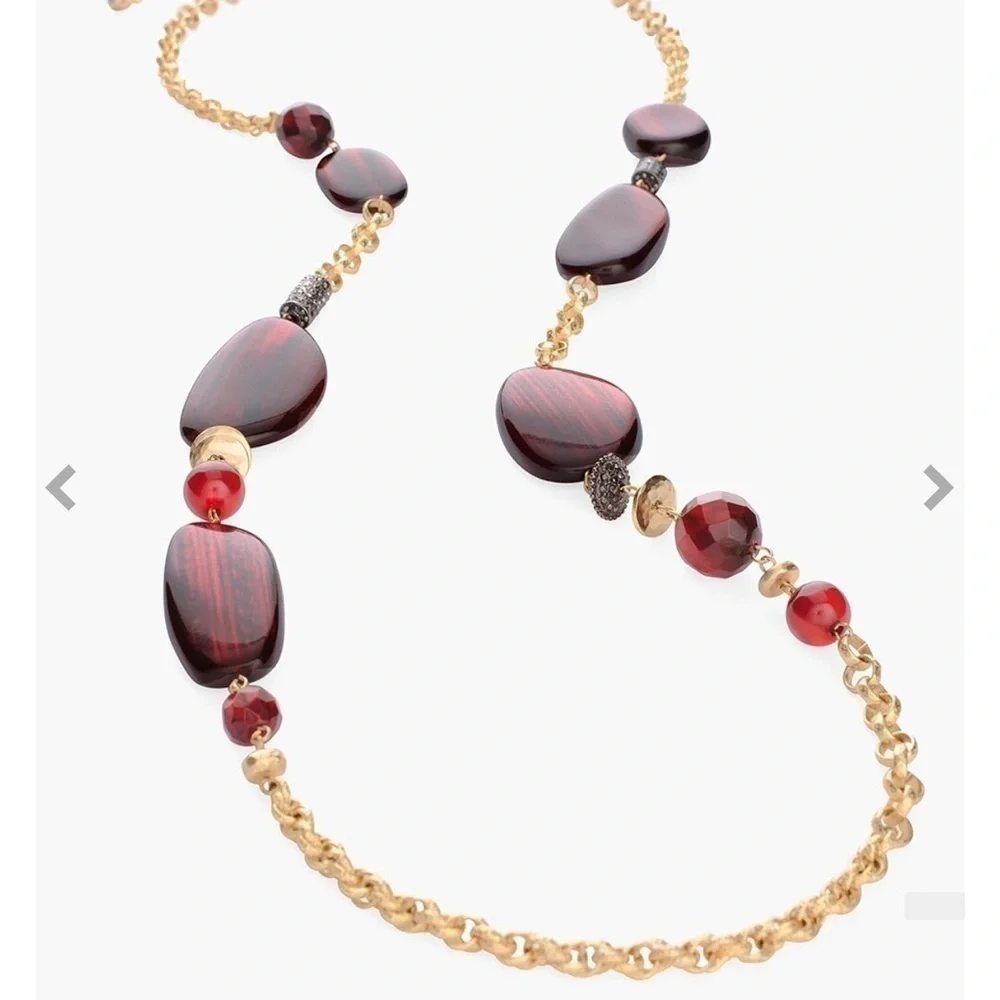 New Chicos gold tone long necklace with chunky ruby red beads, adjustable length